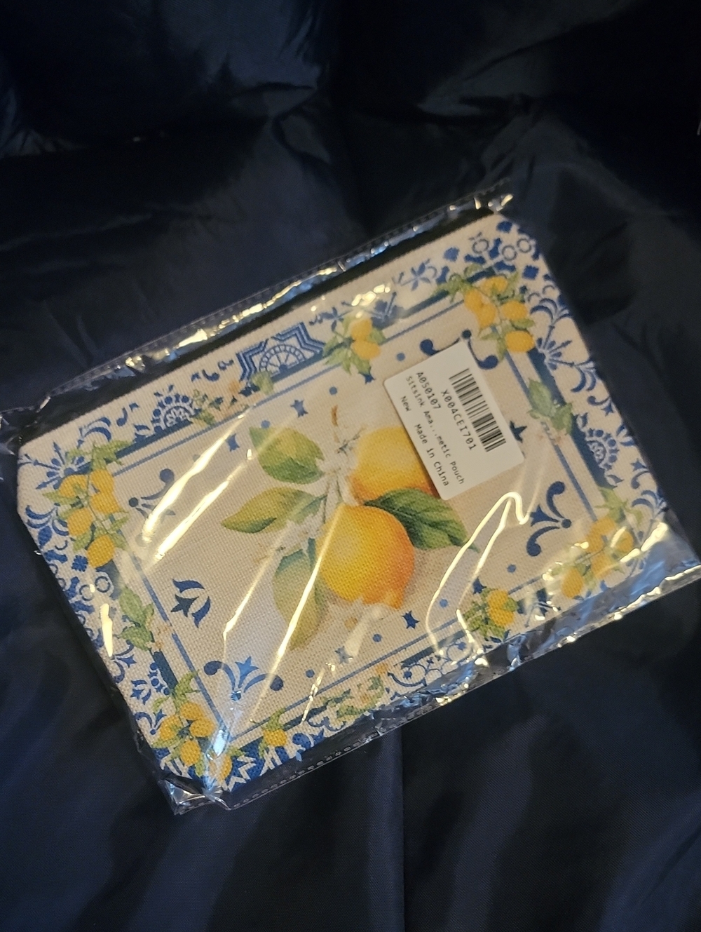 Canvas Lemon Print Cosmetic Bag with Blue Floral Border